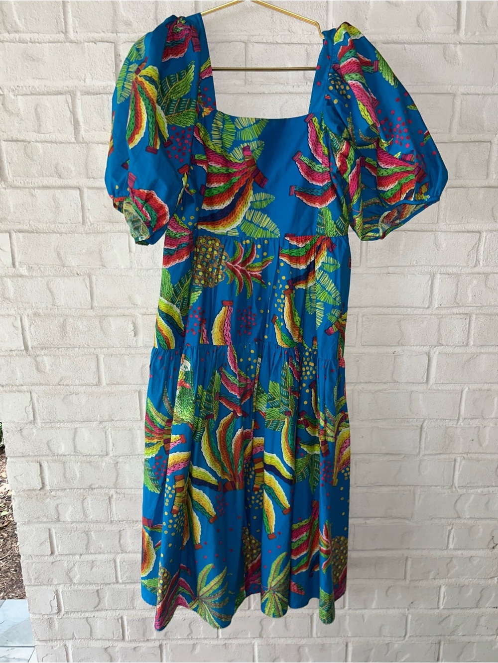 Farm Rio Blue Bananas Tropical Blue Puff Sleeve Midi Dress | M - Picture 3 of 5